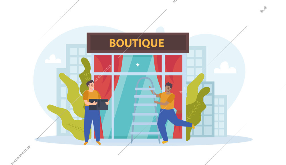 Plastic windows flat composition with front view of fashion boutique storefront with pair of handymen workers vector illustration