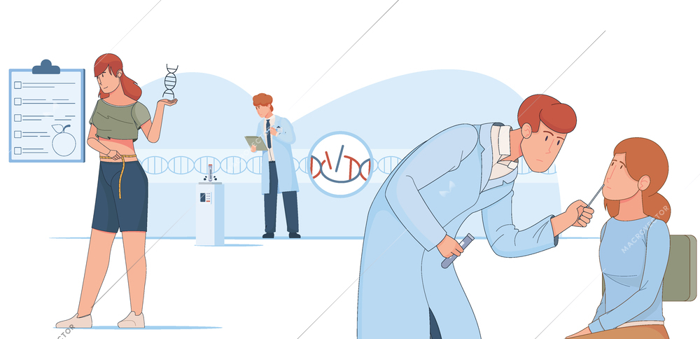 Genetic test people flat composition with doodle style characters of patients dna being examined by scientists vector illustration