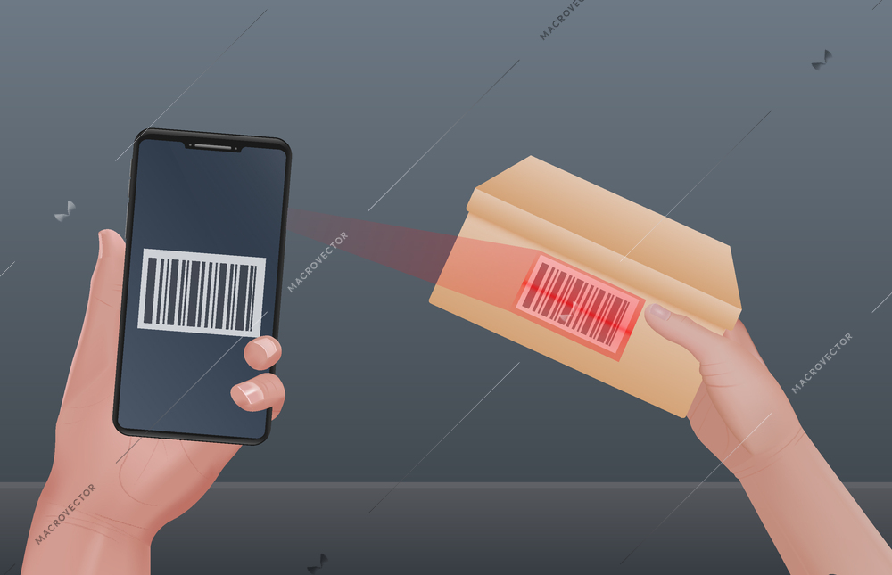 Scan codes composition with realistic human hands holding parcel box and scanning barcode with smartphone scanner vector illustration