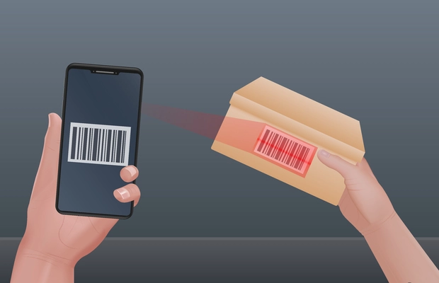 Scan codes composition with realistic human hands holding parcel box and scanning barcode with smartphone scanner vector illustration