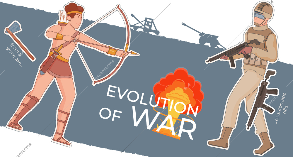 War evolution history composition with collage of flat icons silhouettes of weapons and characters of soldiers vector illustration