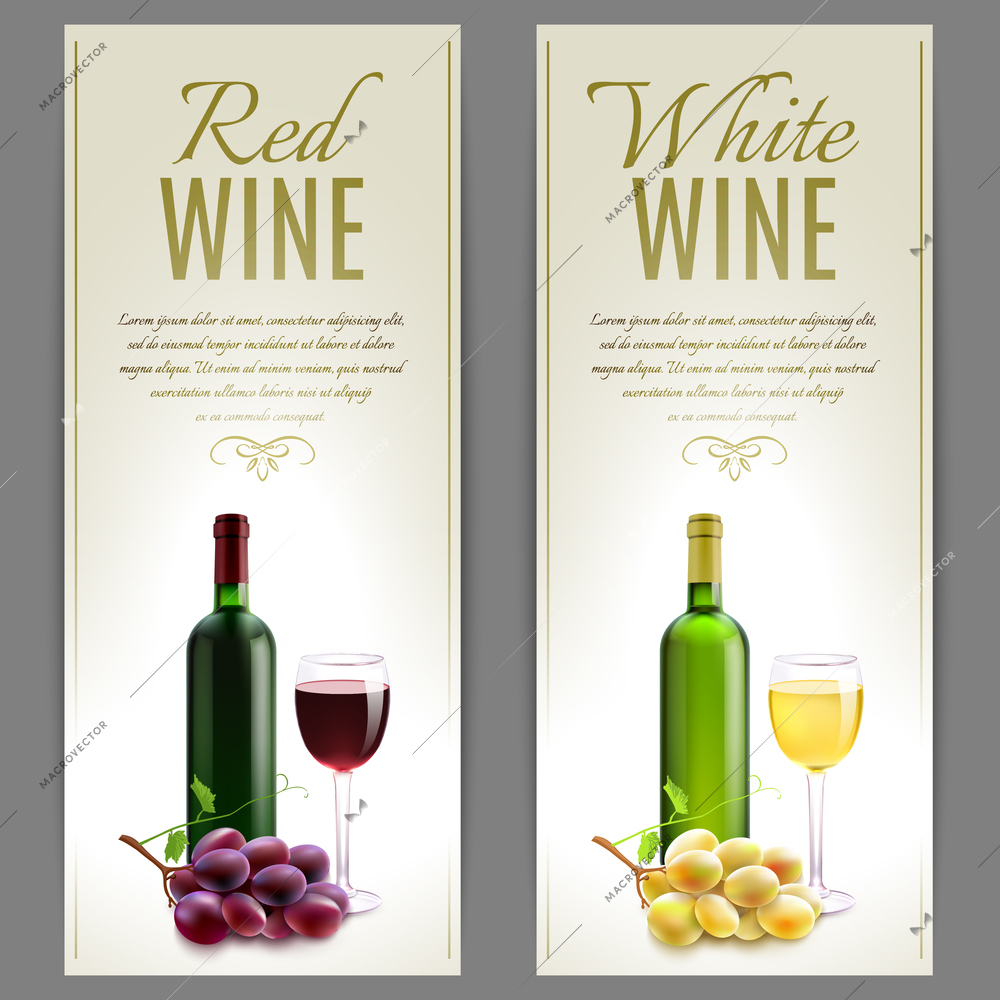 Red and white wine paper banner vertical set with glass bottles and grapes isolated vector illustration