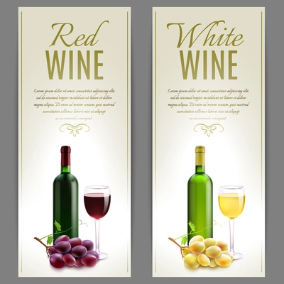 Red and white wine paper banner vertical set with glass bottles and grapes isolated vector illustration