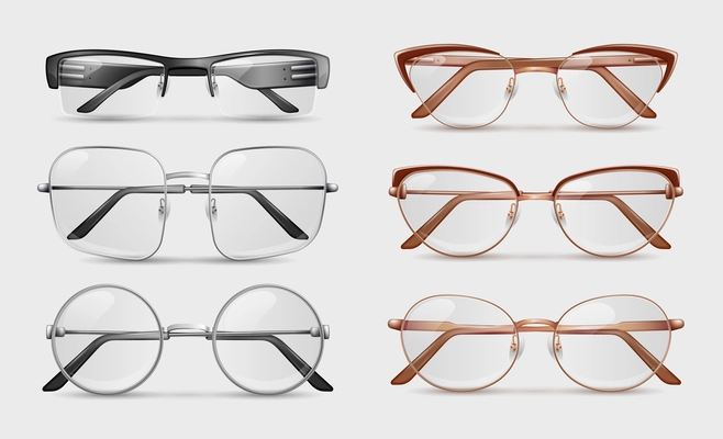 Modern stylish glasses of various shape set isolated on grey background realistic vector illustration