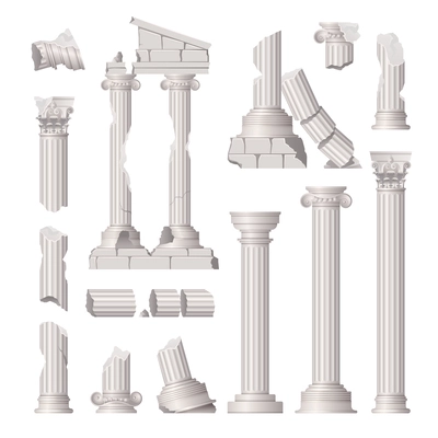 Damaged ancient greek columns ruins realistic set isolated vector illustration