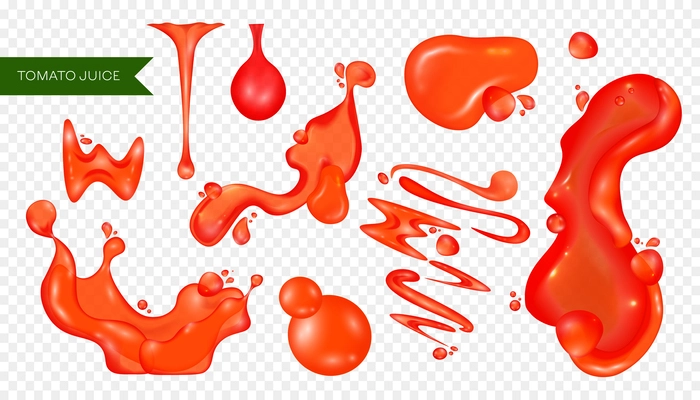 Realistic red tomato juice liquid splashes isolated on transparent background vector illustration