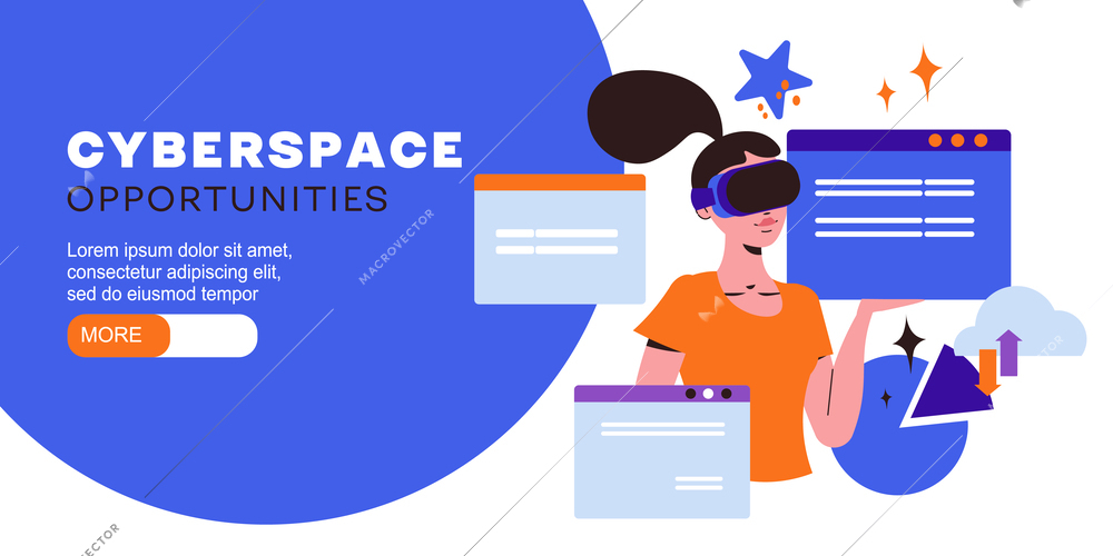 Cyberspace flat concept with woman in vr headset vector illustration
