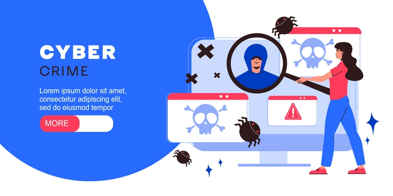Cyber crime flat banner with hacker websites and computer virus vector illustration