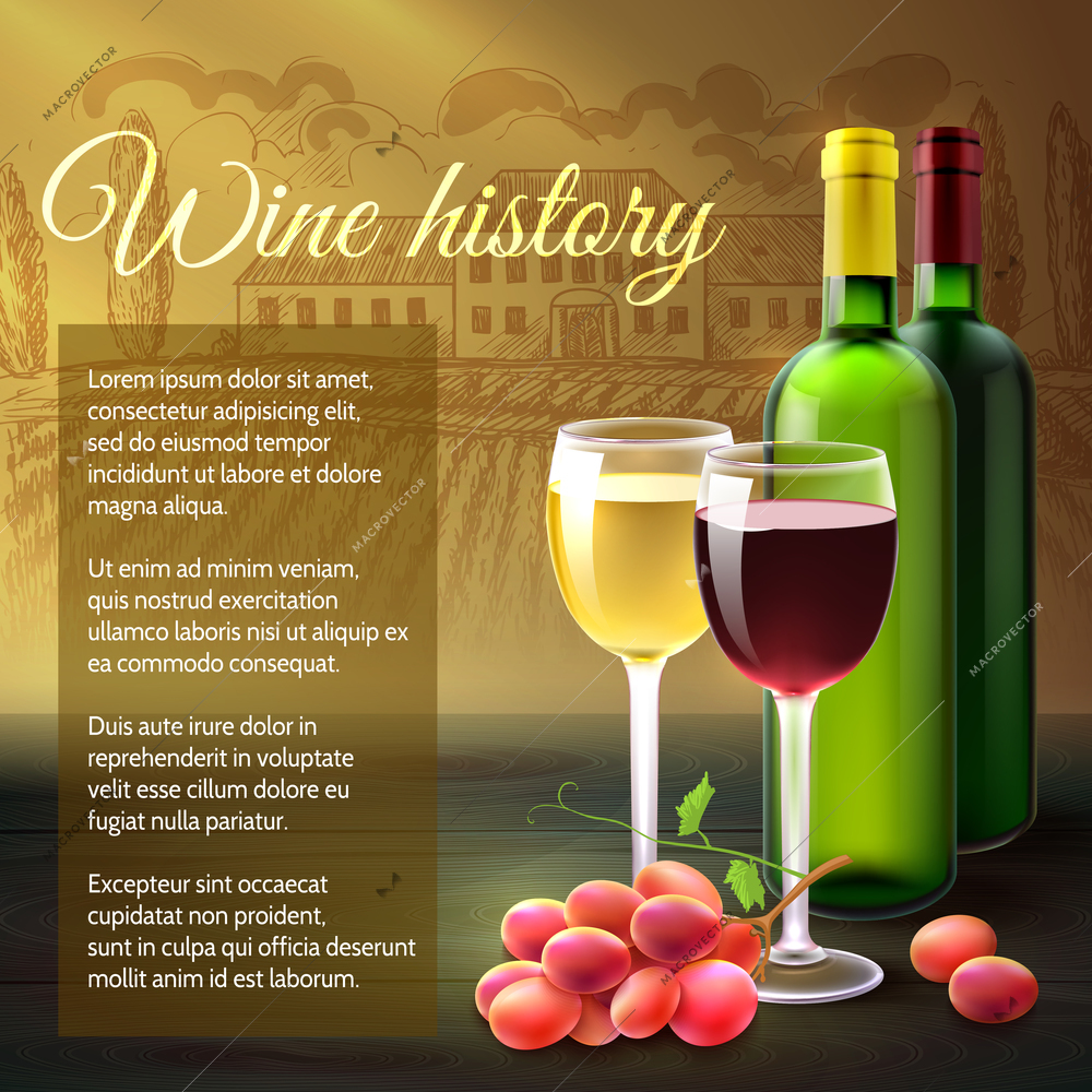 Wine background with realistic bottles glasses and grape branch vector illustration