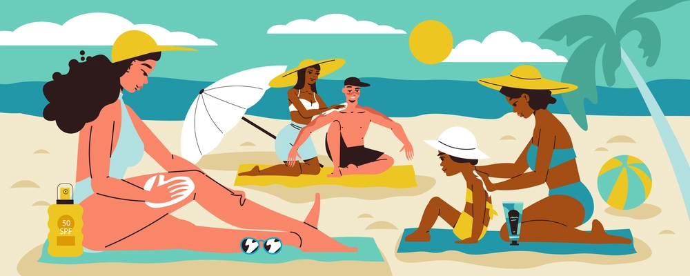 Sunblock flat concept with women appying spf products on sea beach vector illustration