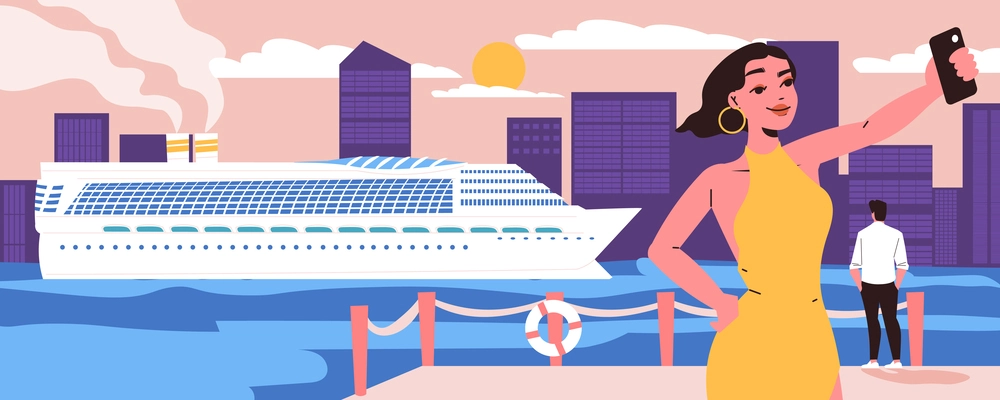 Travel flat composition with girl making selfie with cruise ship on background vector illustration