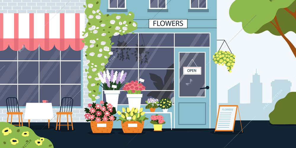 Flower shop background with street and neighborhood symbols flat vector illustration