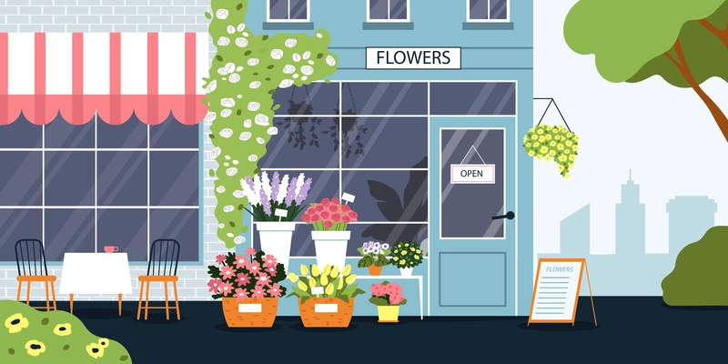 Flower shop background with street and neighborhood symbols flat vector illustration