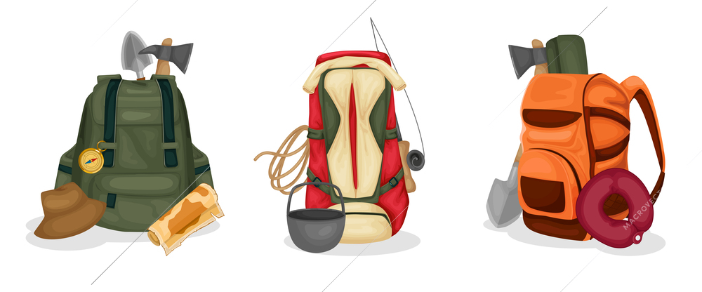 Travel time flat compositions set of backpacks filled with tourist equipment isolated vector illustration