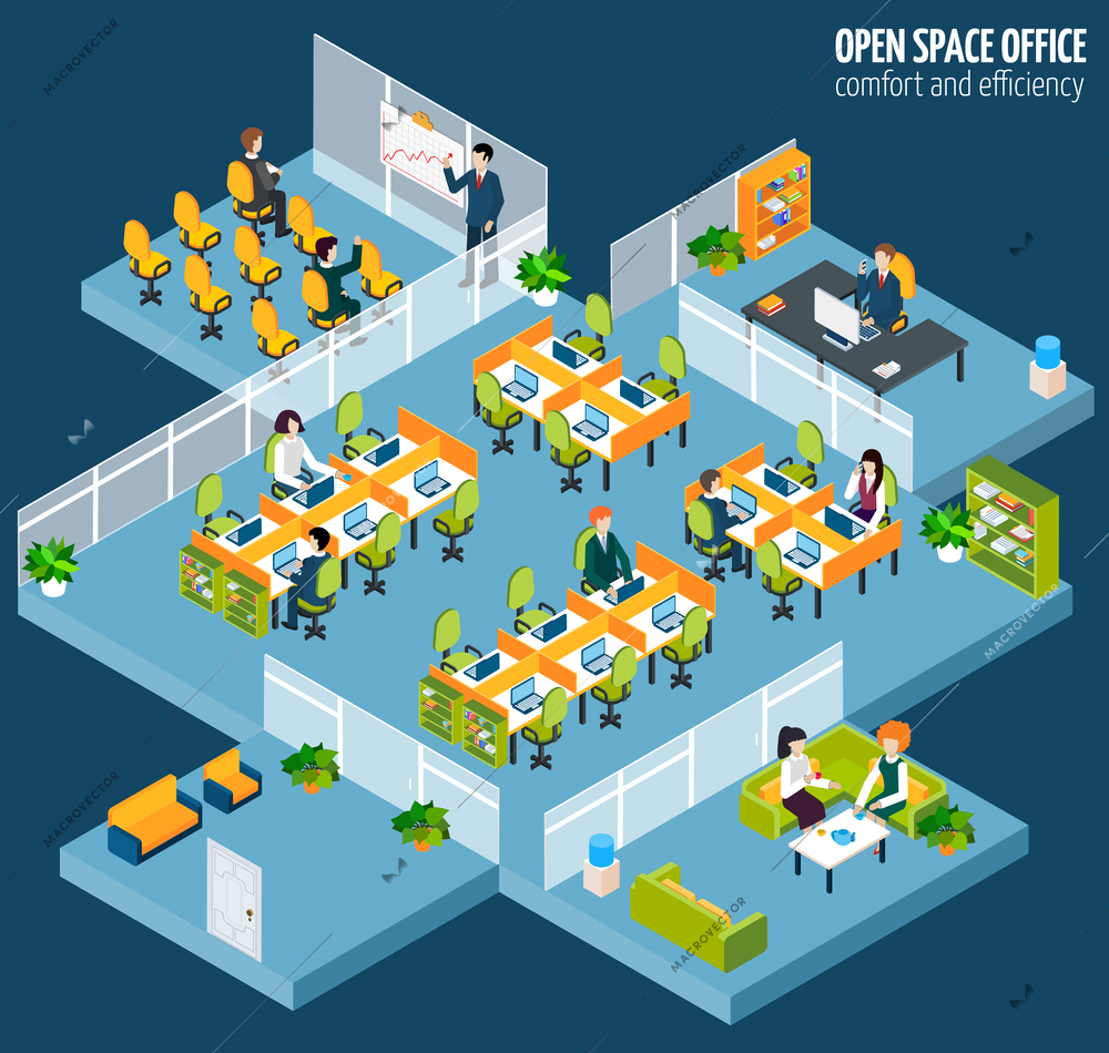 Open space office with isometric business company interior and people vector illustration