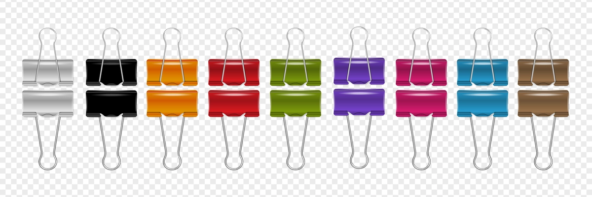 Multicolored row of paper binder clips at transparent background realistic set isolated vector illustration