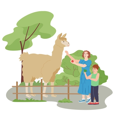 Contact farm flat concept with mother and her son feeding lama cartoon vector illustration