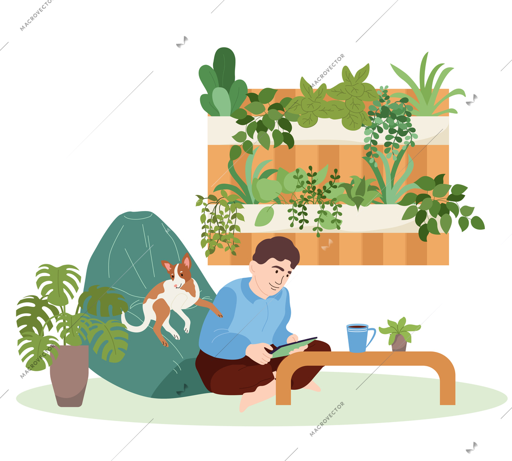 Green workplace flat composition with male character relaxing with his dog surrounded by domestic plants vector illustration