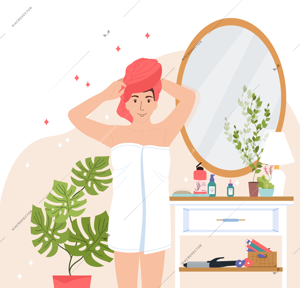 Morning routine flat composition with young lady in towel after washing her hair cartoon vector illustration