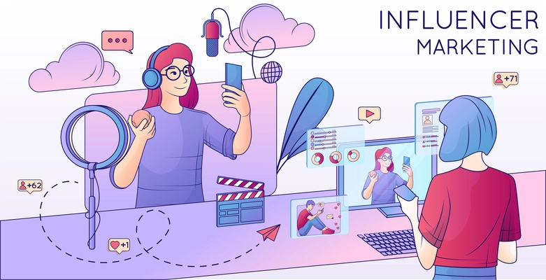 Influencer marketing flat line composition with text and cartoon images of video blogger and content icons vector illustration