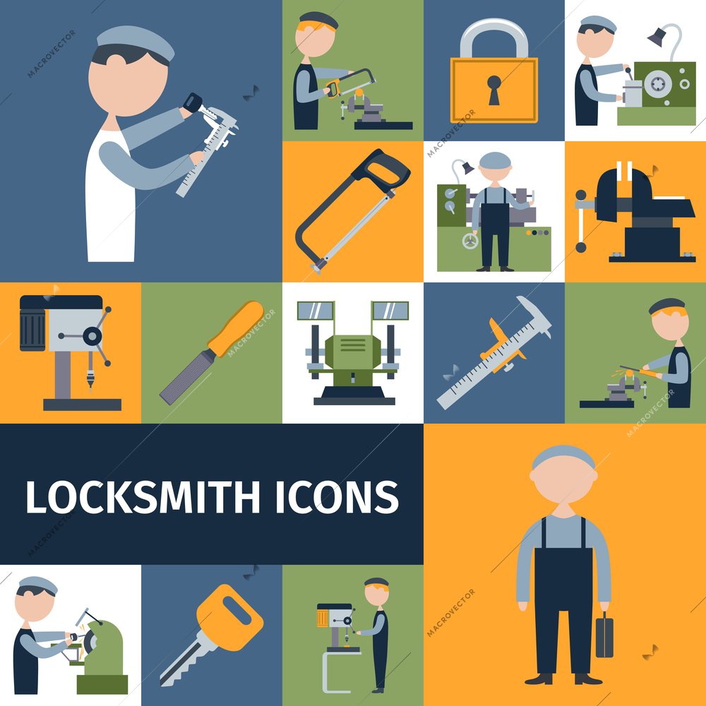 Locksmith repairman metal worker master decorative icons set isolated vector illustration