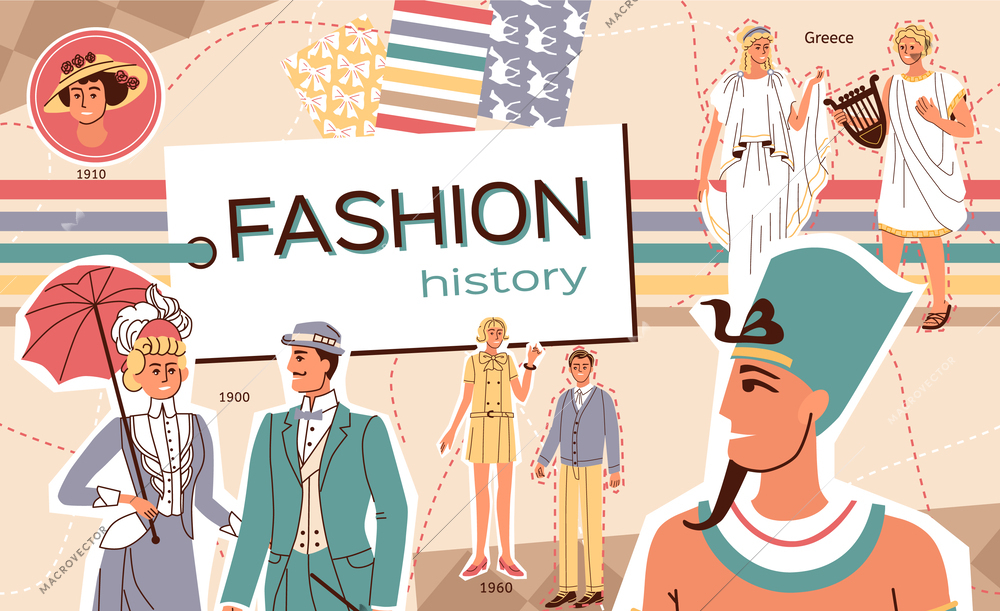 Fashion history flat collage with men and women in clothes from ancient greece egypt and modern europe vector illustration