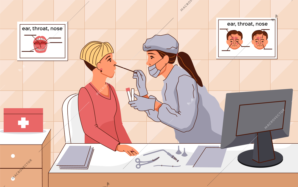 Nasal disease flat illustration with doctor using cotton bud to take samples from patient nose vector illustration