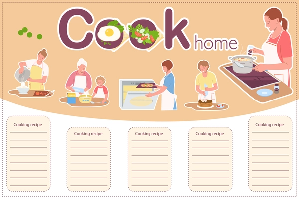 Cook home flat infographic composition with characters of cooking family members and place for written recipe vector illustration