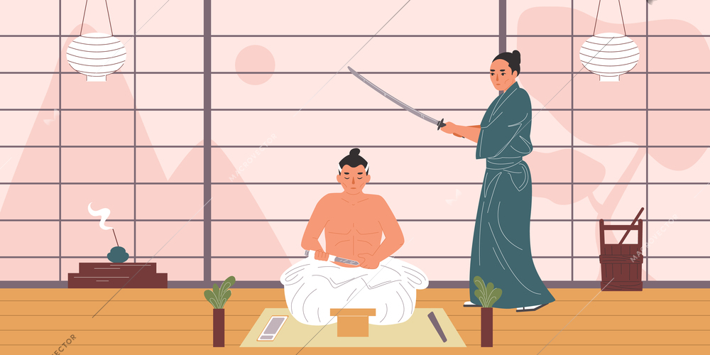 Samurai flat illustration with male warrior in traditional japan interior vector illustration