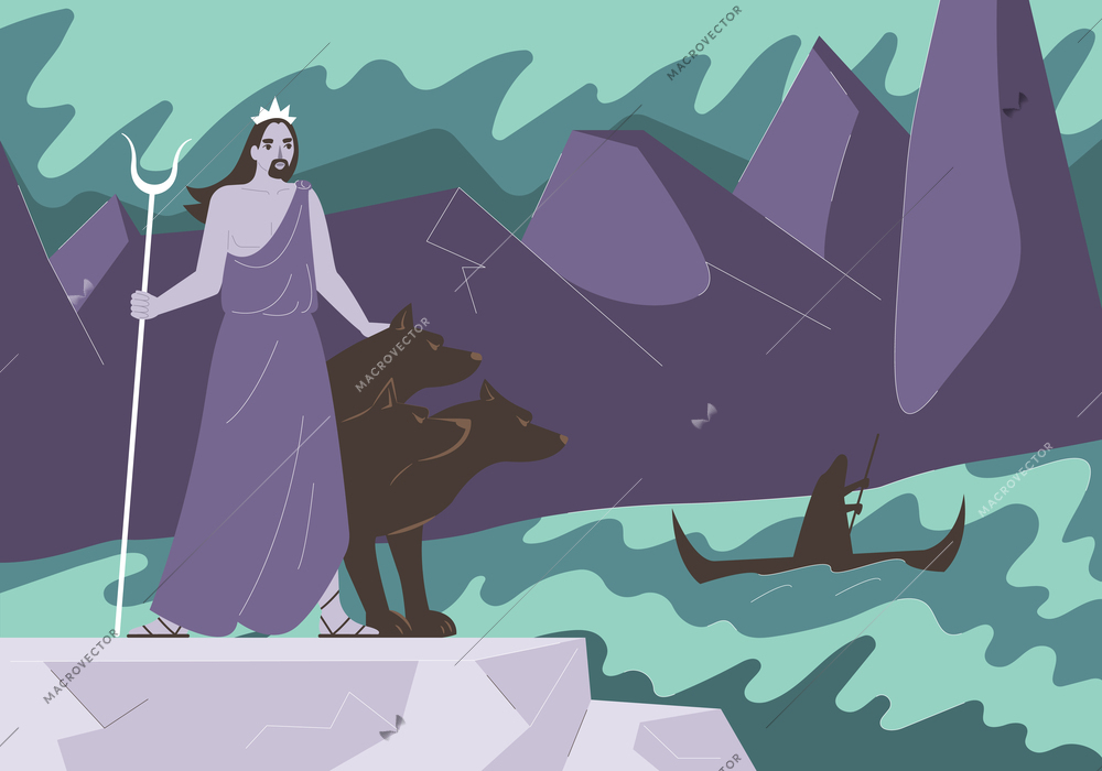 Olympic gods flat concept with Hades in underworld vector illustration