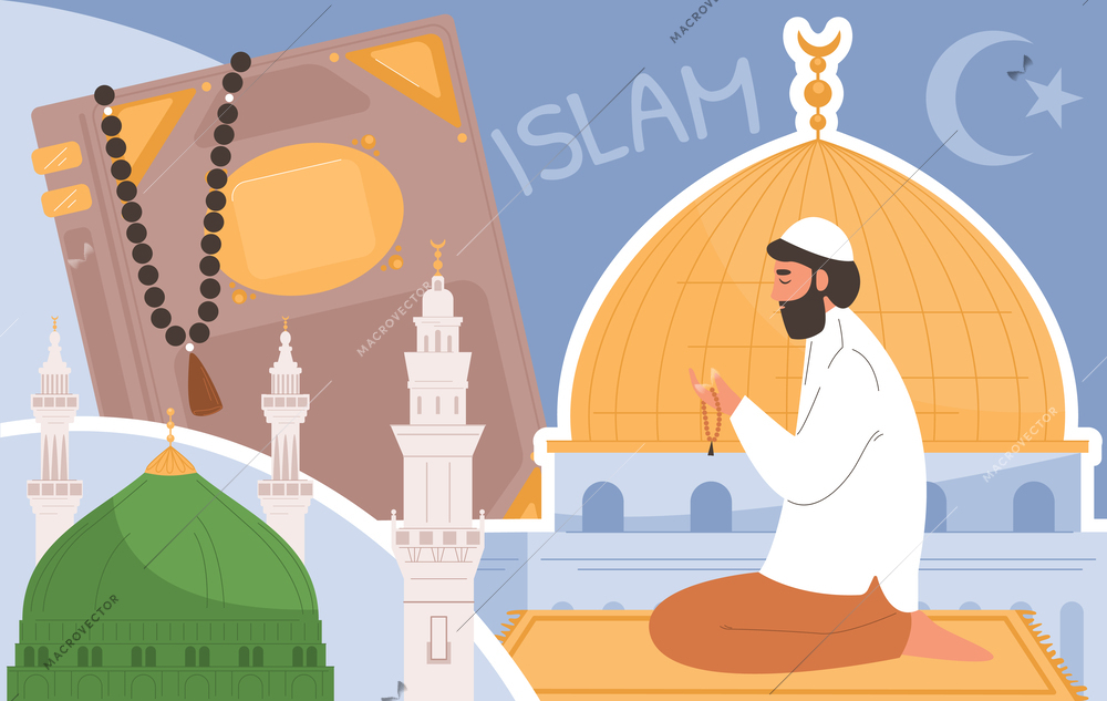 Islam religion flat concept with man praying and traditional mosques on background vector illustration