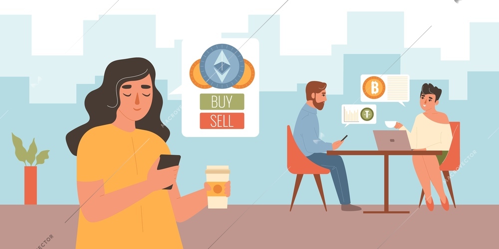 Money evolution flat concept with modern cryptocurrency exchange scene vector illustration