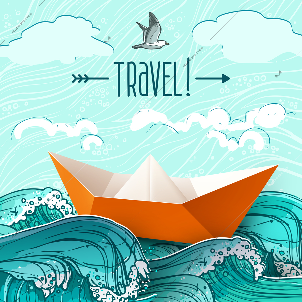 Origami paper ship on hand drawn sea waves vector illustration