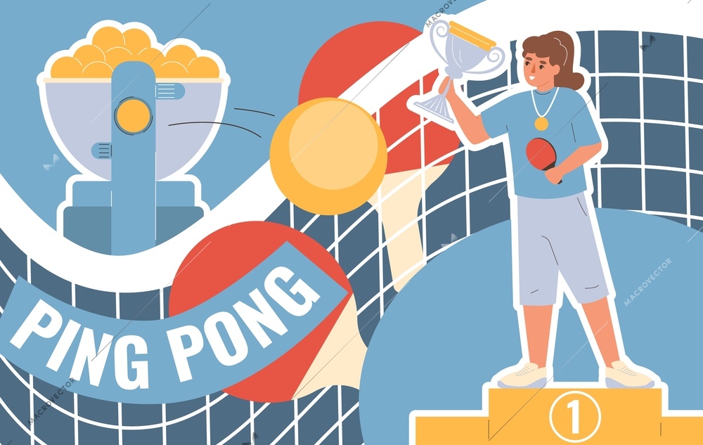 Ping pong flat collage with table tennis championship winner vector illustration