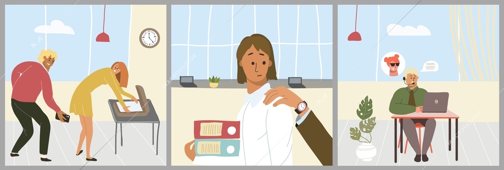 Harassment work set of flat square shaped office compositions with characters of coworkers out of line vector illustration