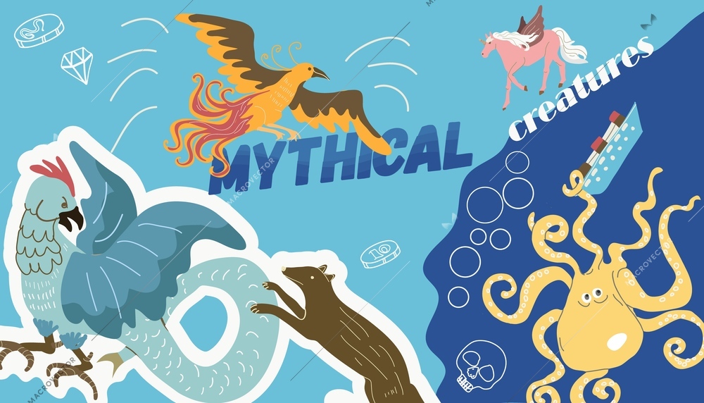 Mythical creatures collage of flat images with fantastic birds gorgons eating ships with pegasus flying horse vector illustration