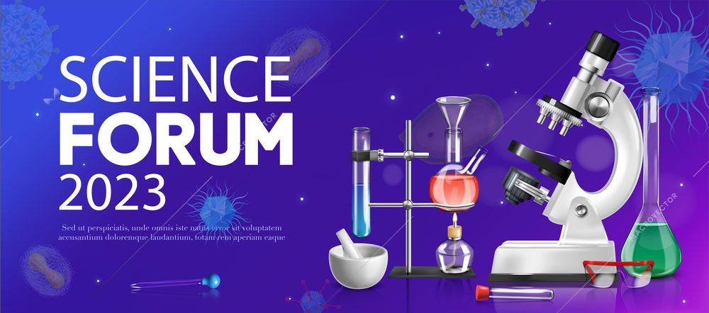 Science forum 2023 horizontal poster illustrating with microscope burner grinding bowl and flasks realistic vector illustration