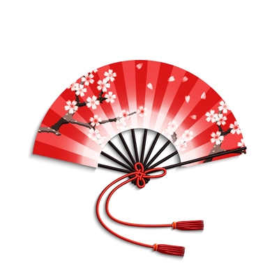 Realistic japanese folding fan with sakura flowers ornament isolated on white background vector illustration