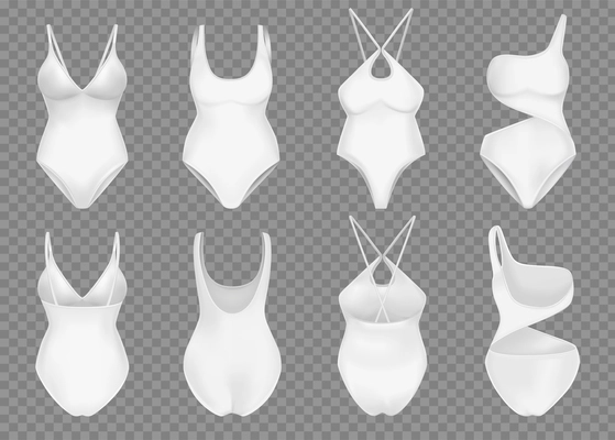 Realistic white collection of different solid female swimsuits at transparent background isolated vector illustration