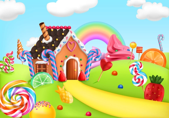 Sweet candy land cartoon background  with gingerbread house striped lollipops and ice cream realistic colored vector illustration
