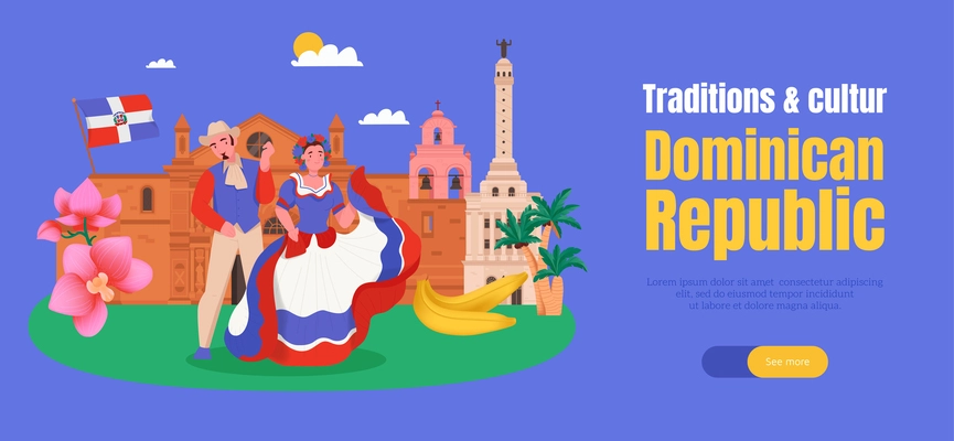 Dominican republic horizontal colored poster advertising traditions and culture flat vector illustration