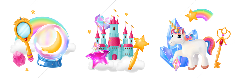 Realistic colored fantasy compositions consisting of wand fantastic unicorn fairytale castle magic objects isolated vector illustration