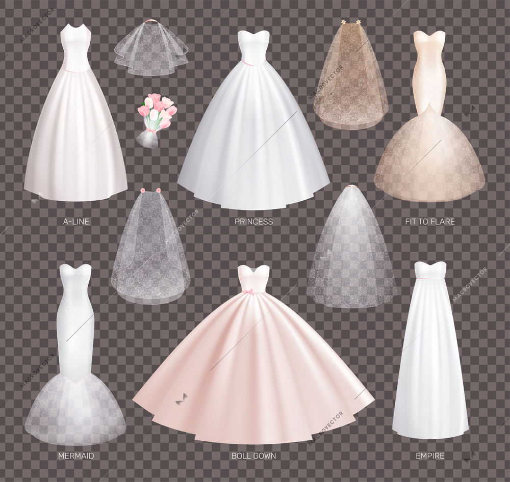 Bride wedding dress realistic set with isolated bridal gown elements on transparent background with text captions vector illustration