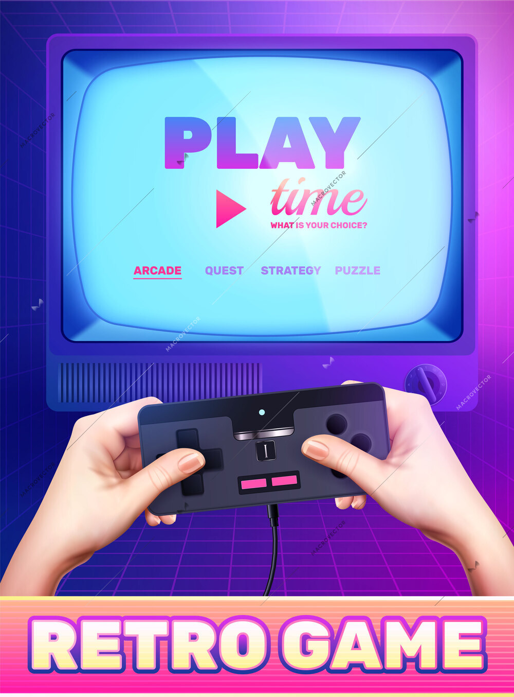 Retro vintage electronics gadgets realistic composition with editable text on television screen with gamepad in hands vector illustration