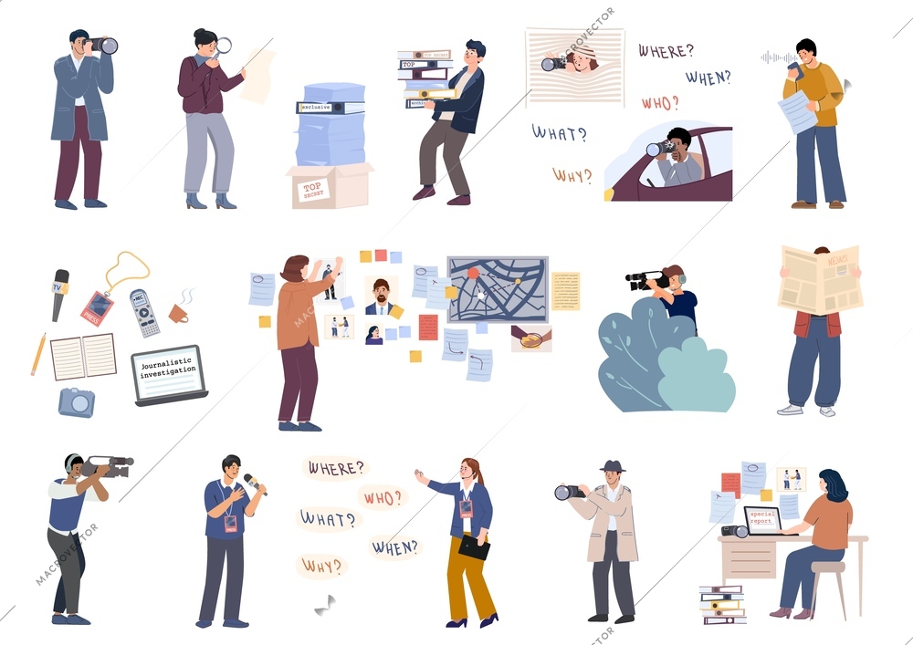 Journalistic investigations flat set of isolated icons with microphones voice recorders badges and characters of journalists vector illustration