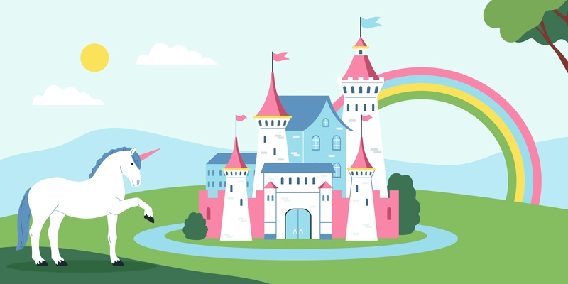 Fairy tale kingdom background with castle and unicorn symbols flat vector illustration