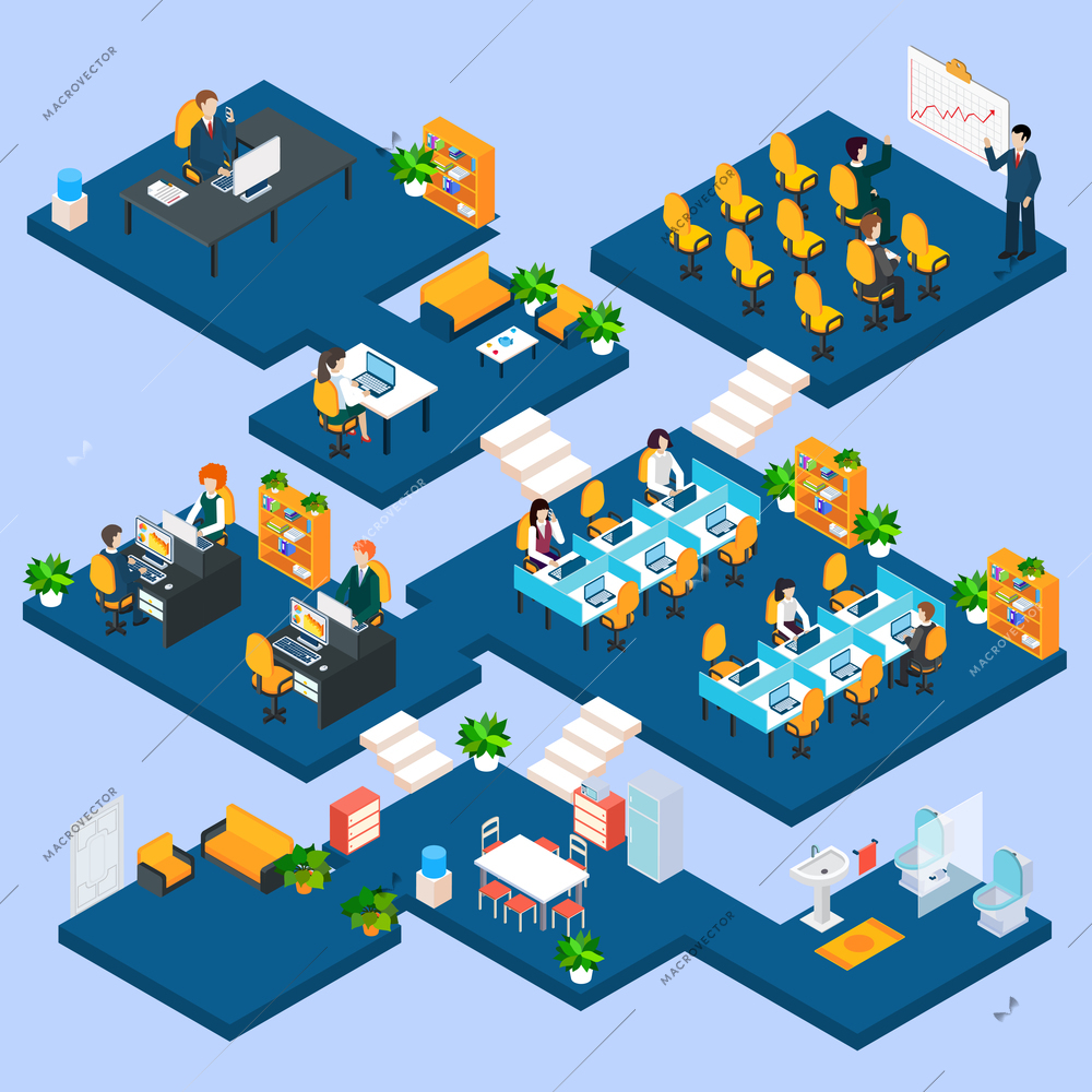 Multistory office isometric with business people and interior 3d icons vector illustration