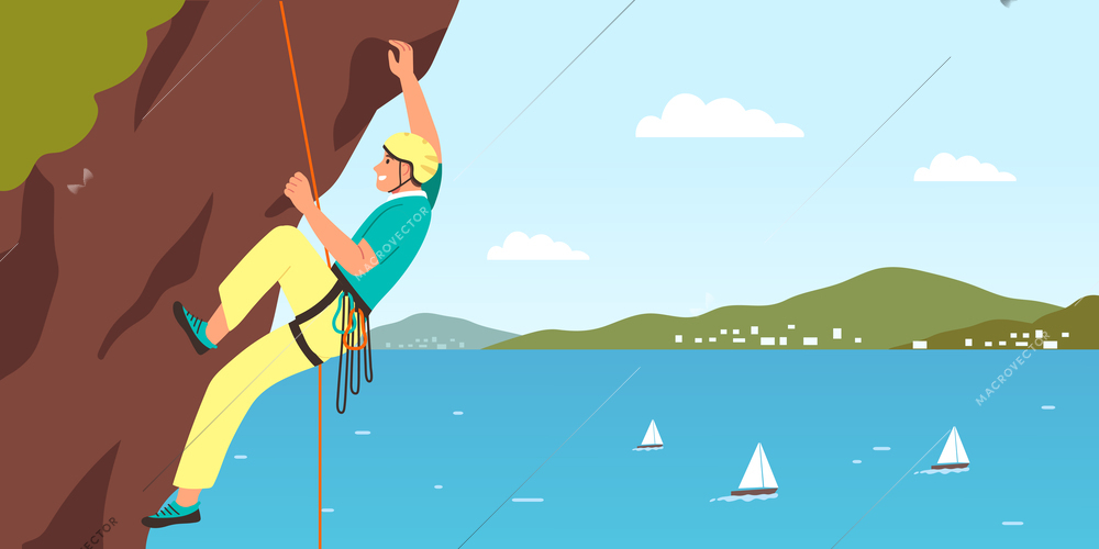 Summer sport background with rock climbing symbols flat vector illustration