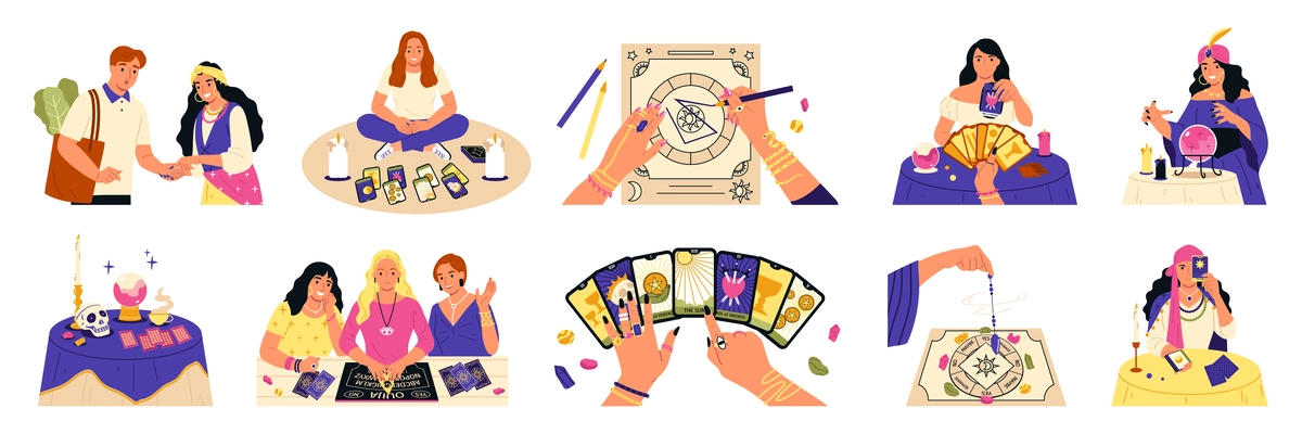 Fortune telling set with tarot and esoterics symbols flat isolated vector illustration