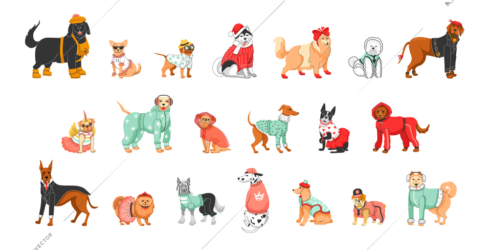 Twenty cartoon color characters of different dog breeds in clothes flat set isolated vector illustration